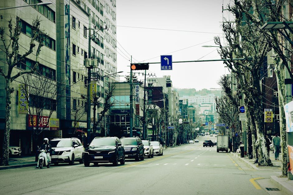 Busy urban street scene in Seoul, South Korea, featuring buildings, traffic, and bare trees in winter.