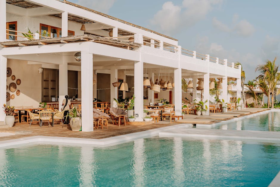 Chic modern resort with poolside view at Jambiani, Unguja. Tropical paradise for relaxation.