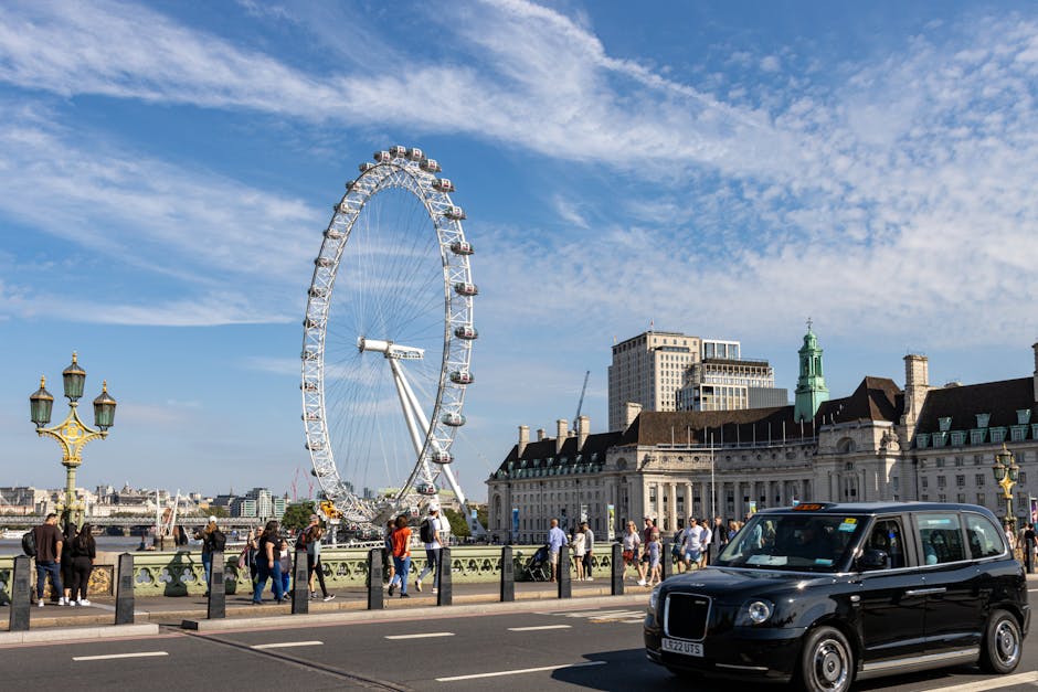 Scenic view of the London Eye and cityscape from Westminster Bridge in daylight.