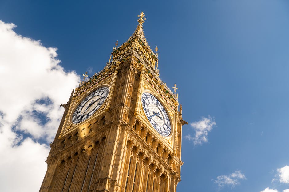 The iconic Big Ben clock tower in London against a clear blue sky.